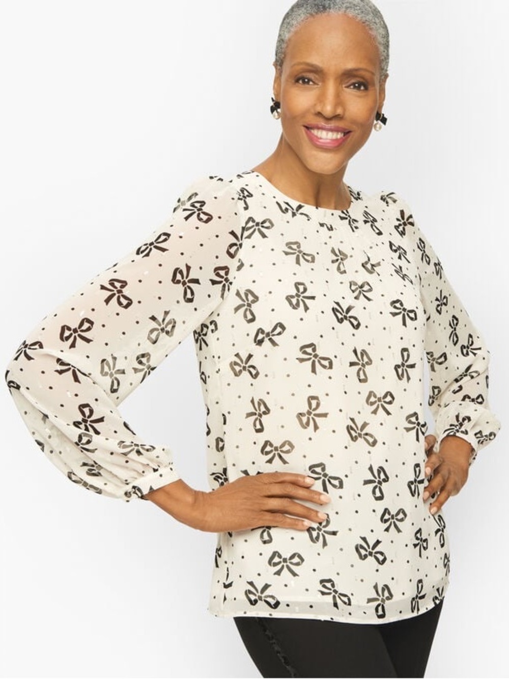 Talbots Bow Tie Back Blouse Women’s Size XL Flowy Chiffon Metallic Whimsy Retro